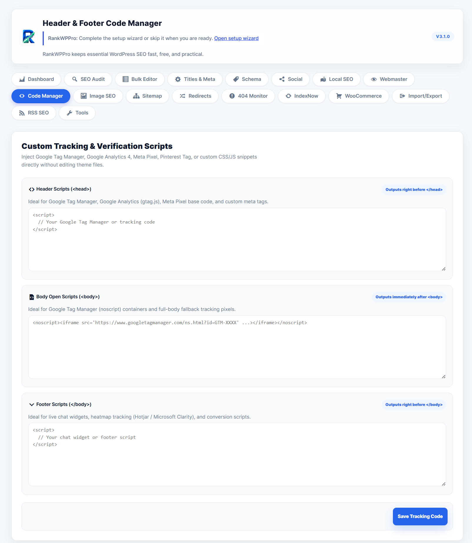 Header and footer code manager