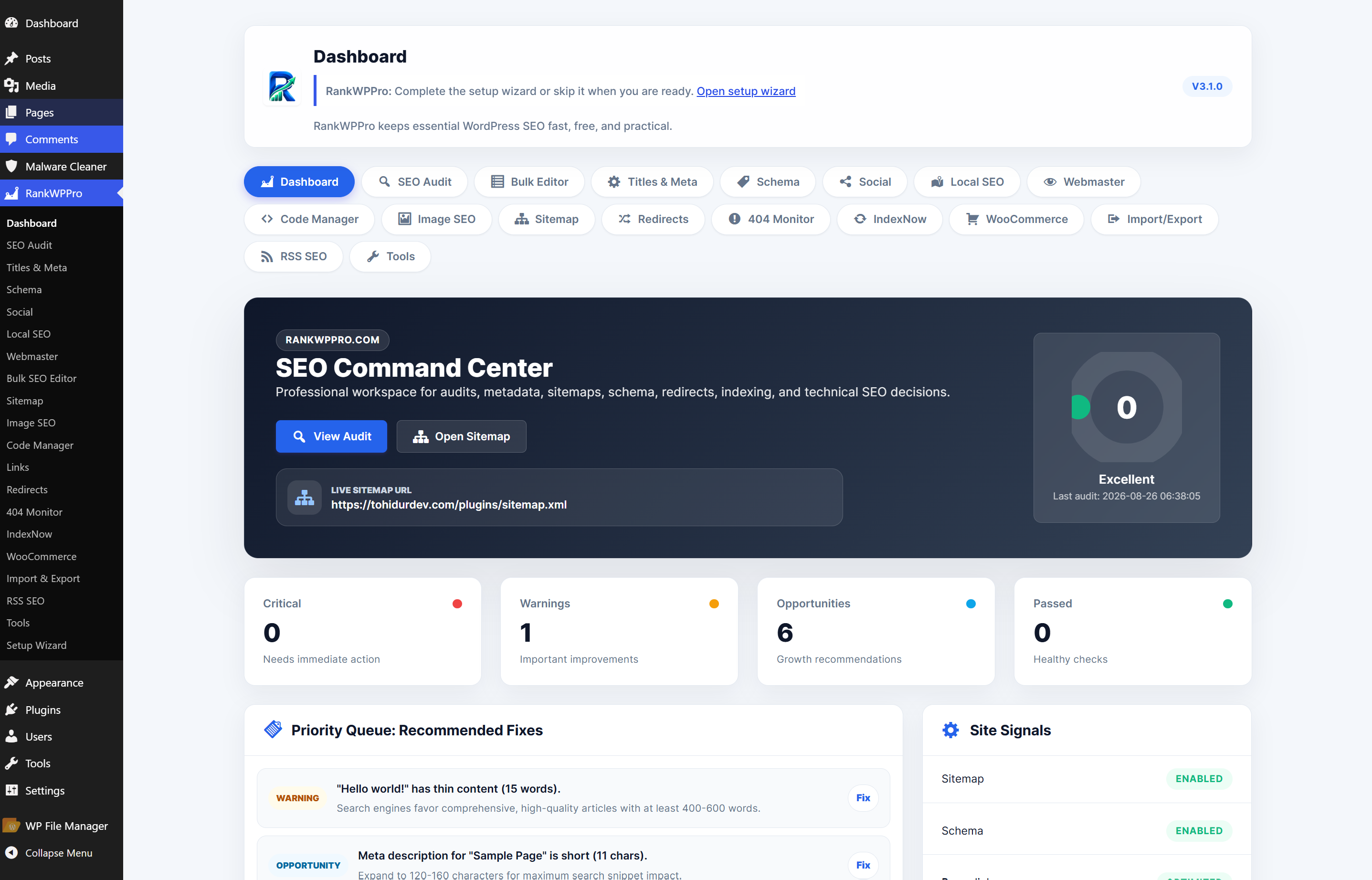RankWPPro dashboard command center