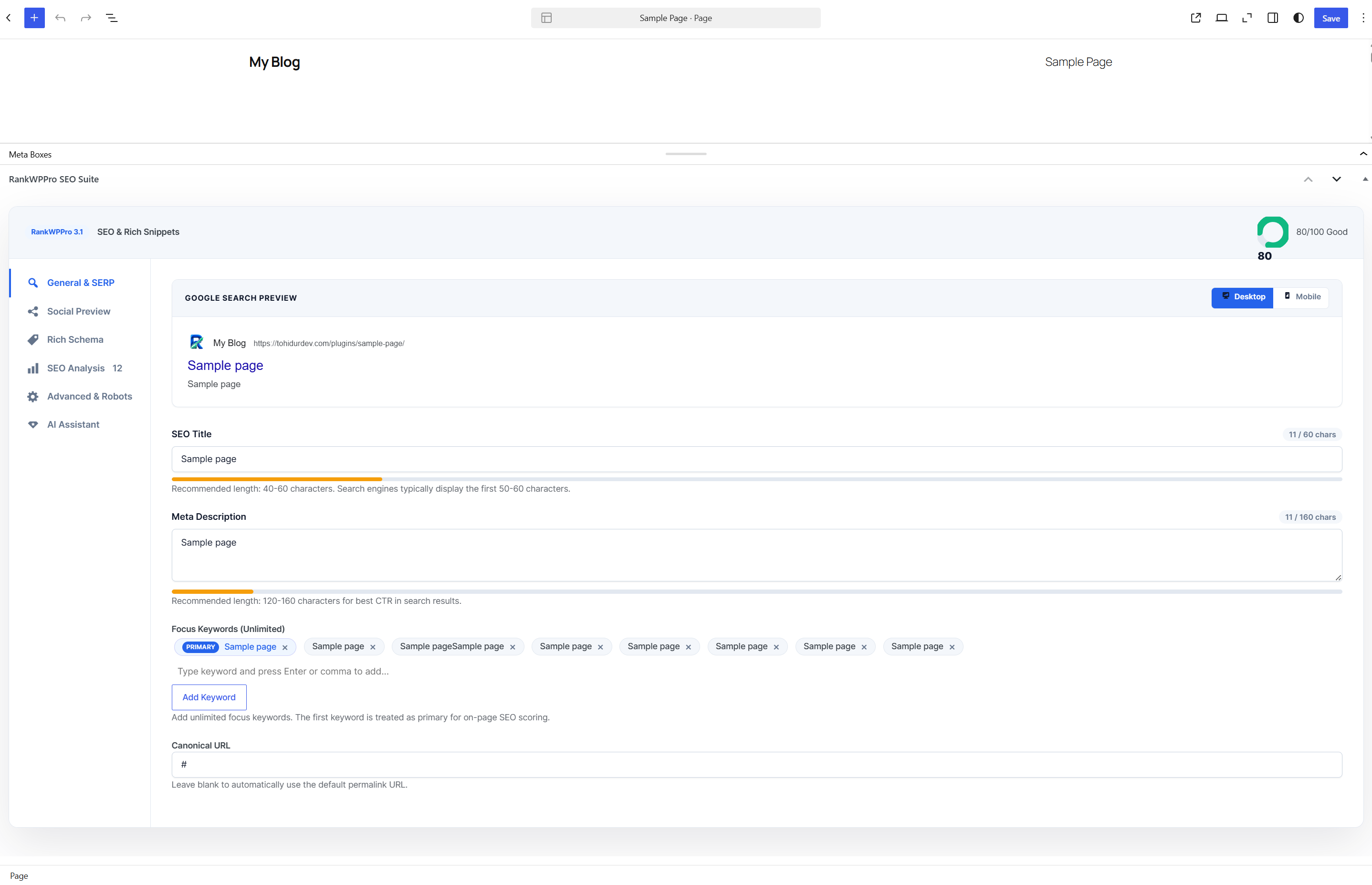 RankWPPro editor SERP preview and keyword chips