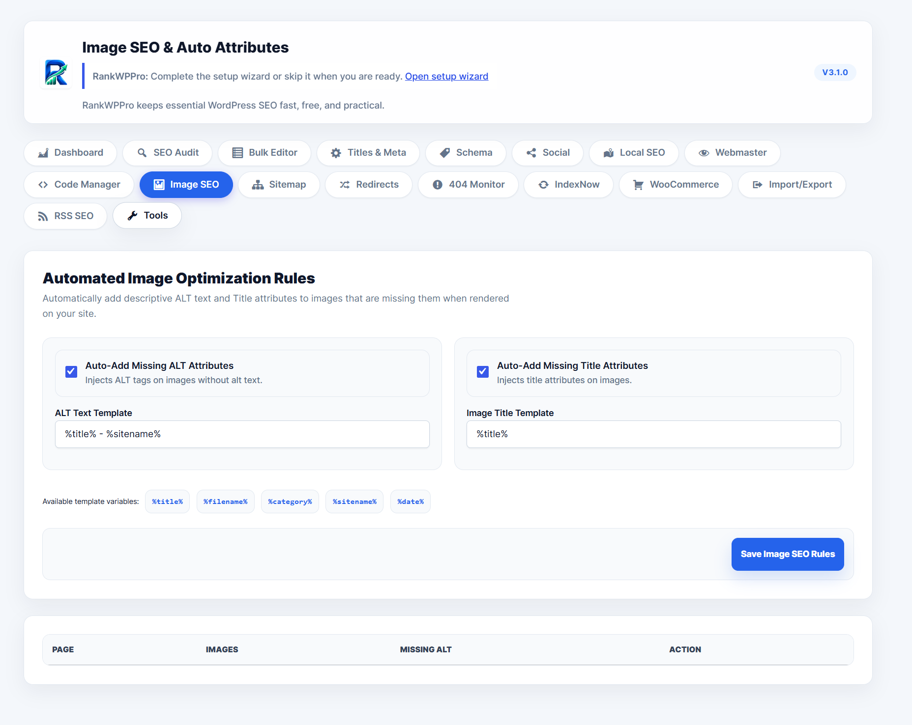 Image SEO settings