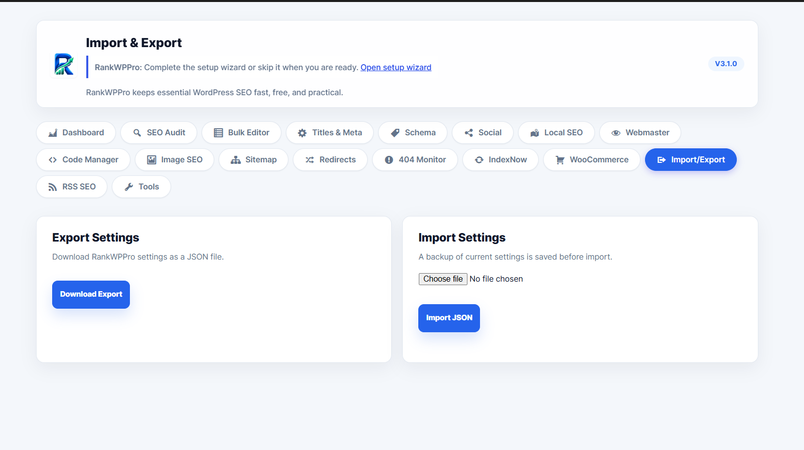 Import and export settings