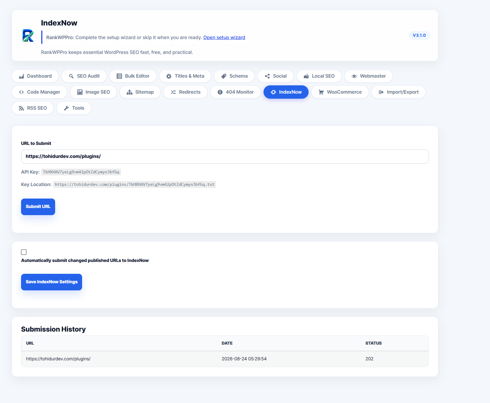 IndexNow submission screen