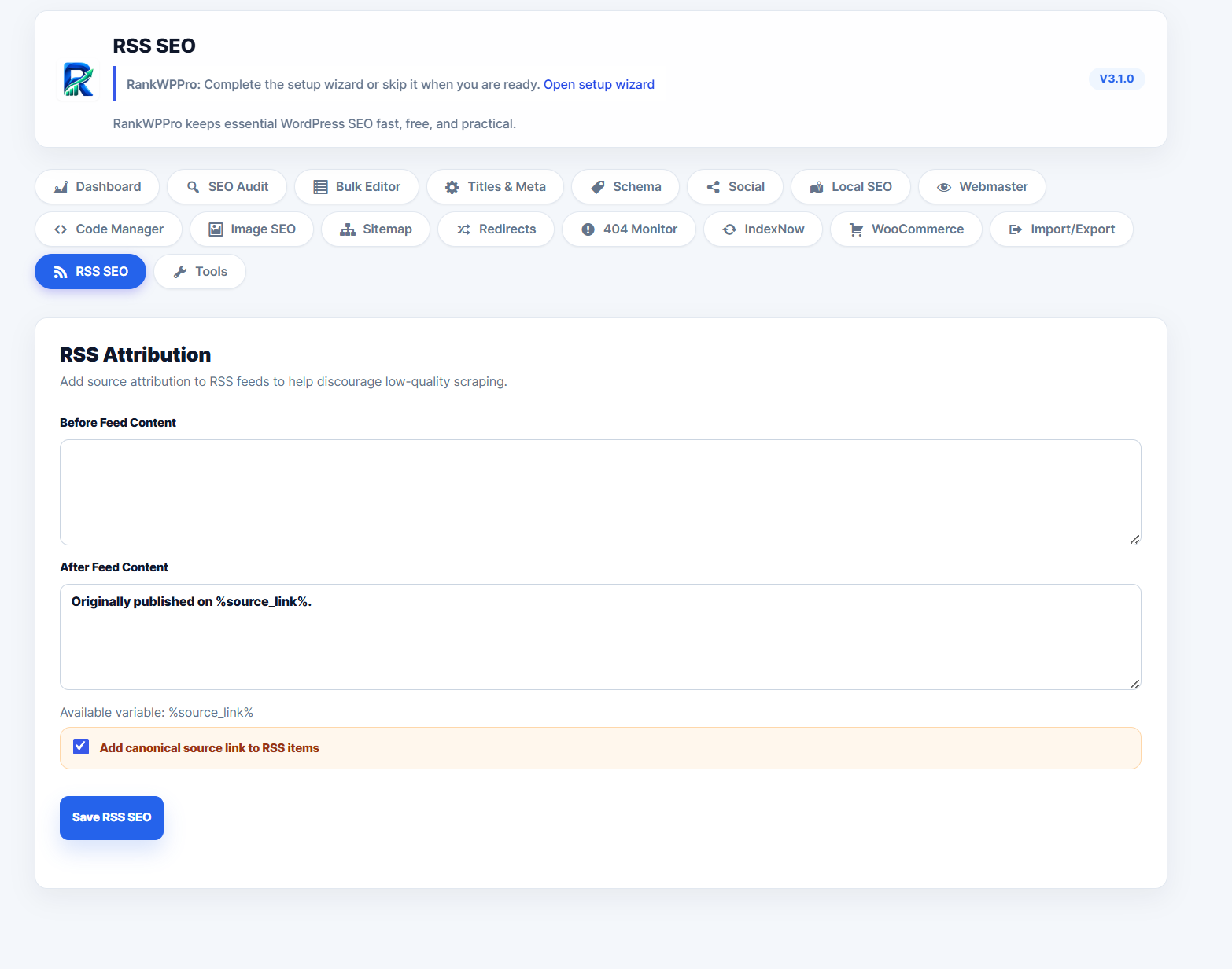 RSS SEO settings
