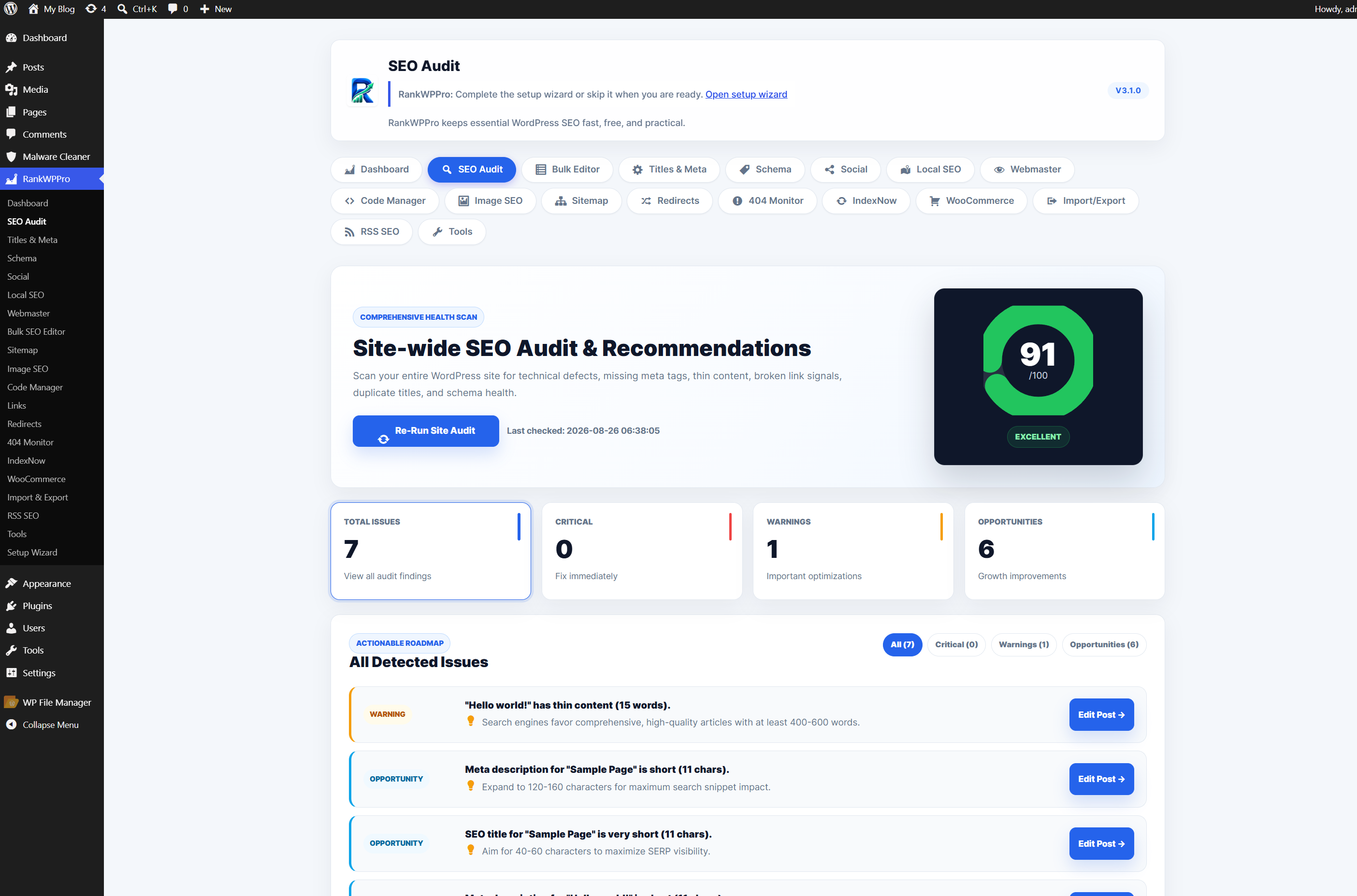 RankWPPro SEO audit report