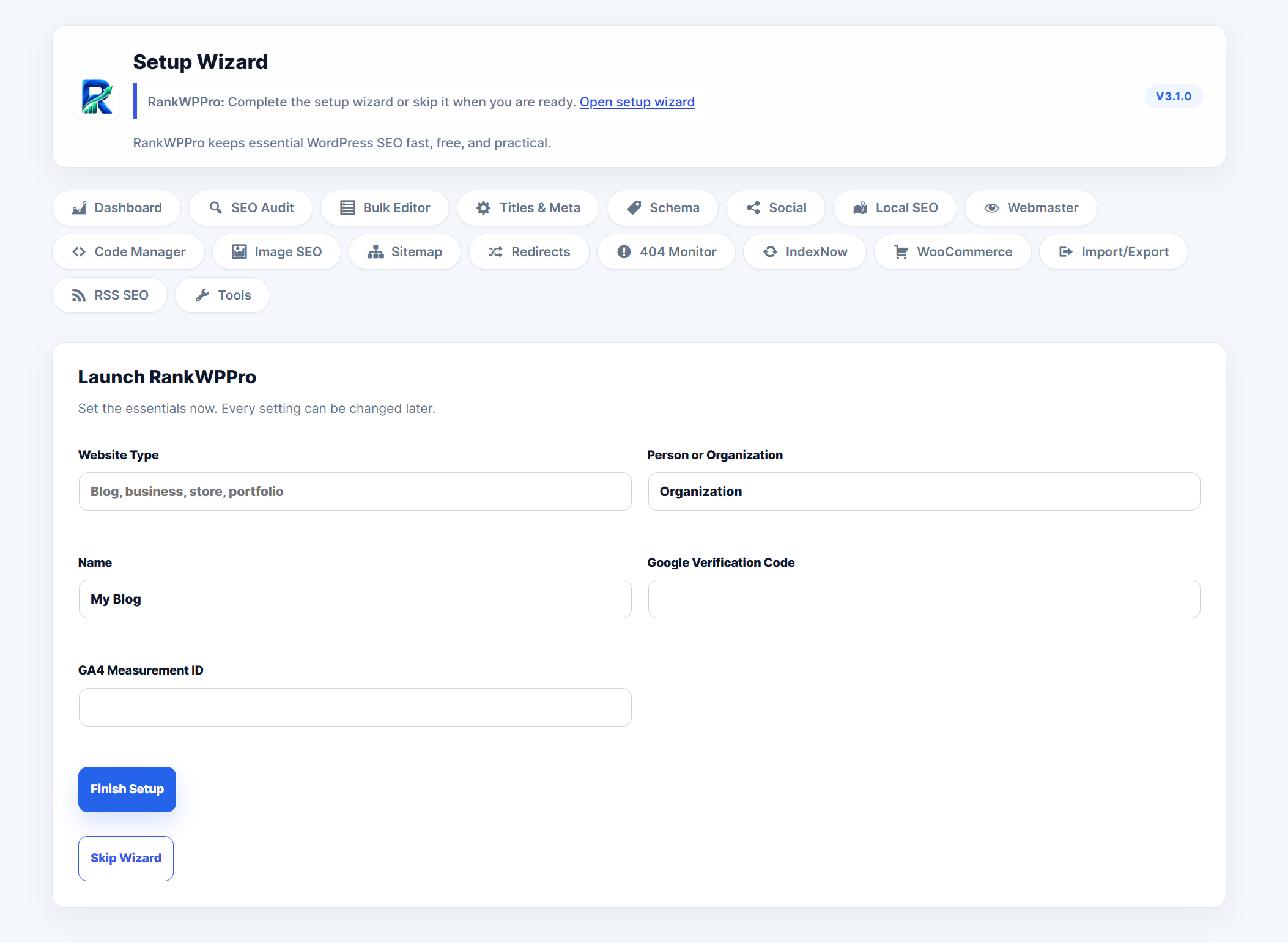 RankWPPro setup wizard screen