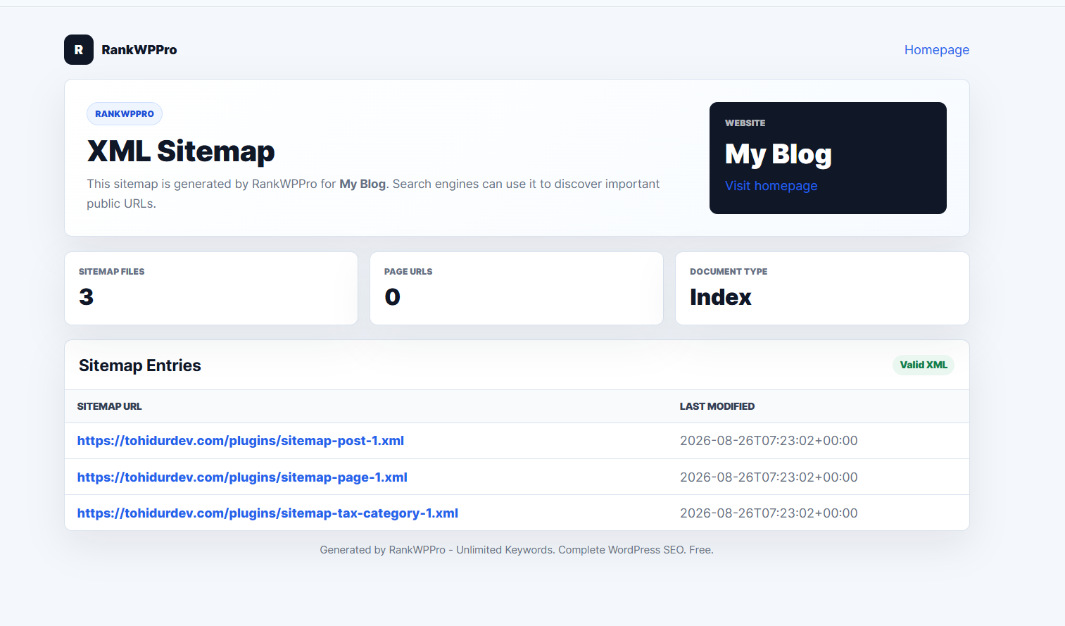 Styled XML sitemap browser page