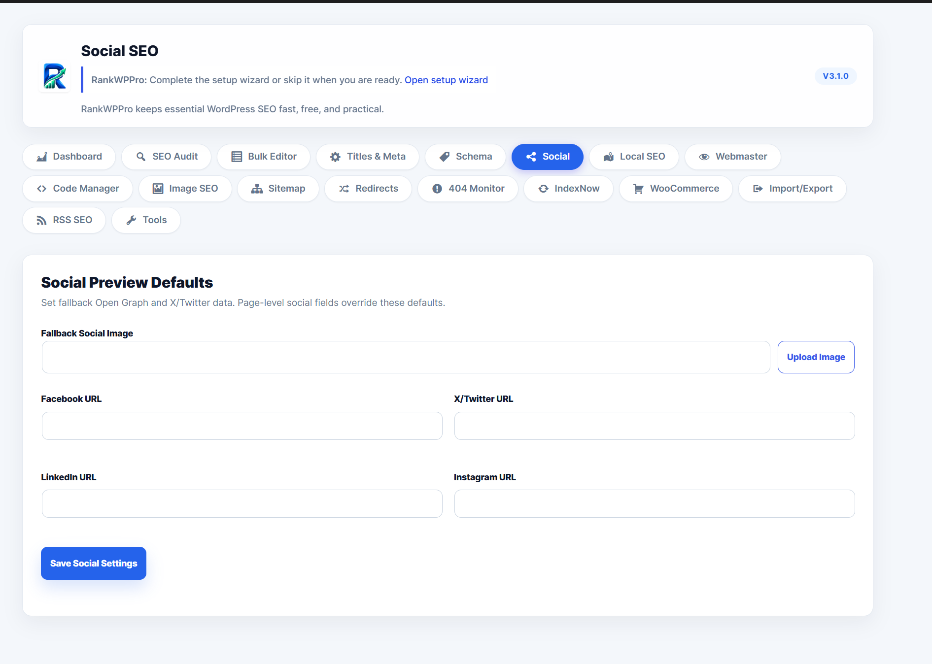 Social SEO settings