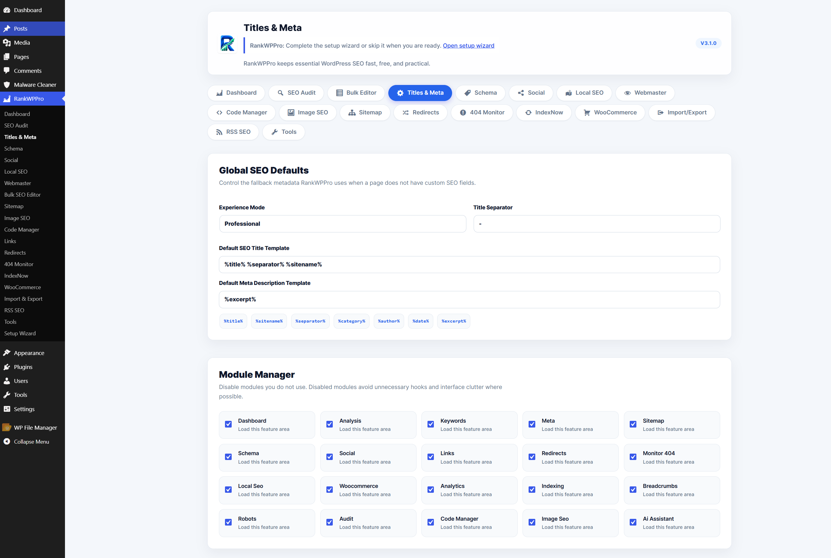 Titles and Meta settings