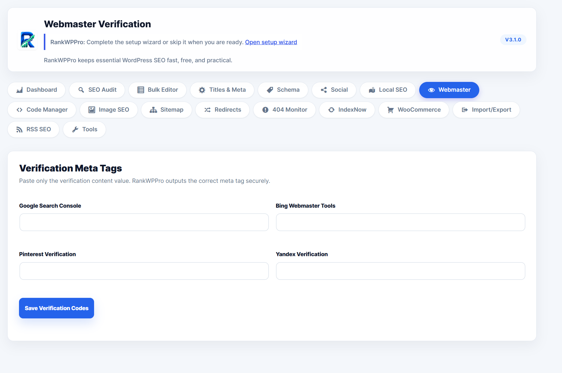 Webmaster verification settings